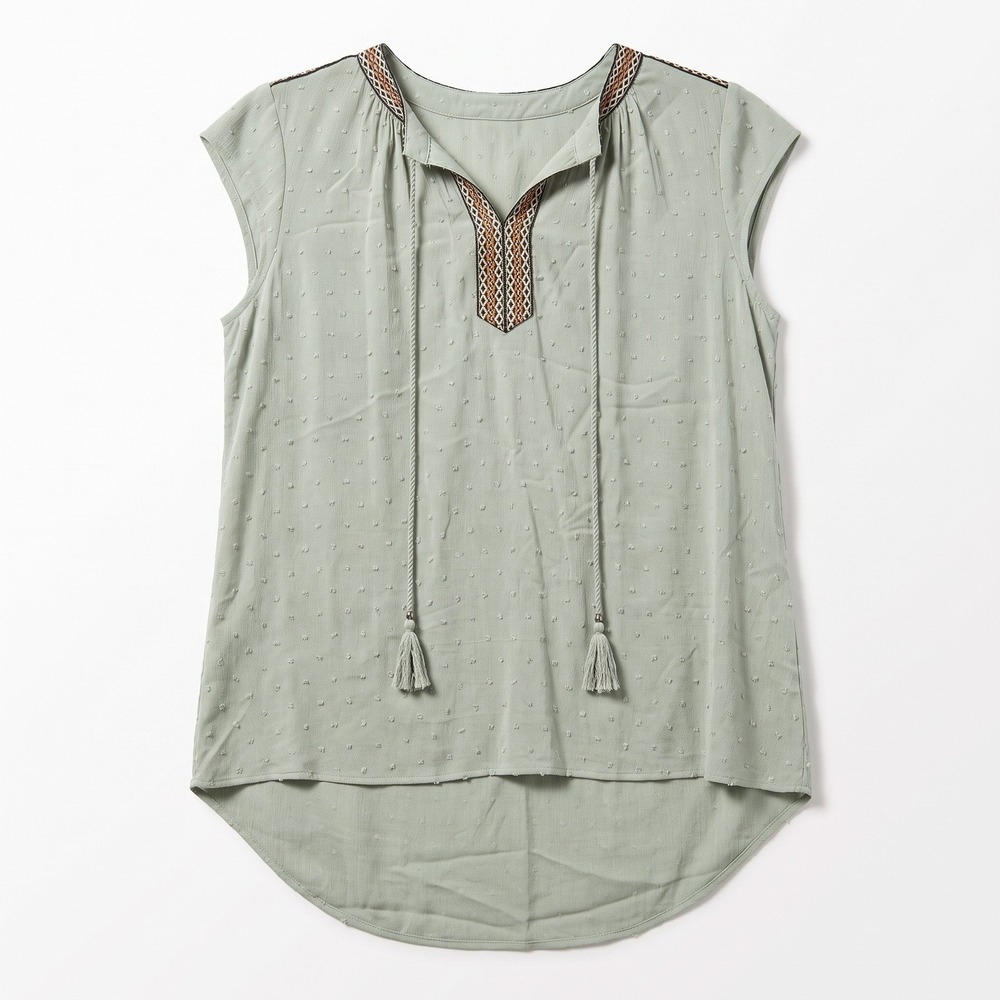 DR2 Womens M Sage Green Clip Dot Tassel Tie Boho Blouse Top Casual Festival